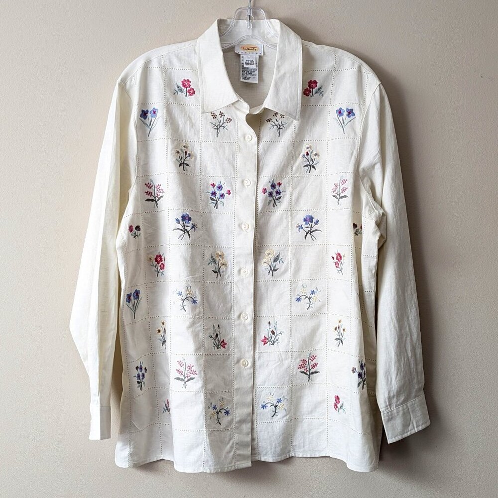 Vtg Talbots Petites Linen Cotton Embroidered Button Down Blouse CottageCore Sz L